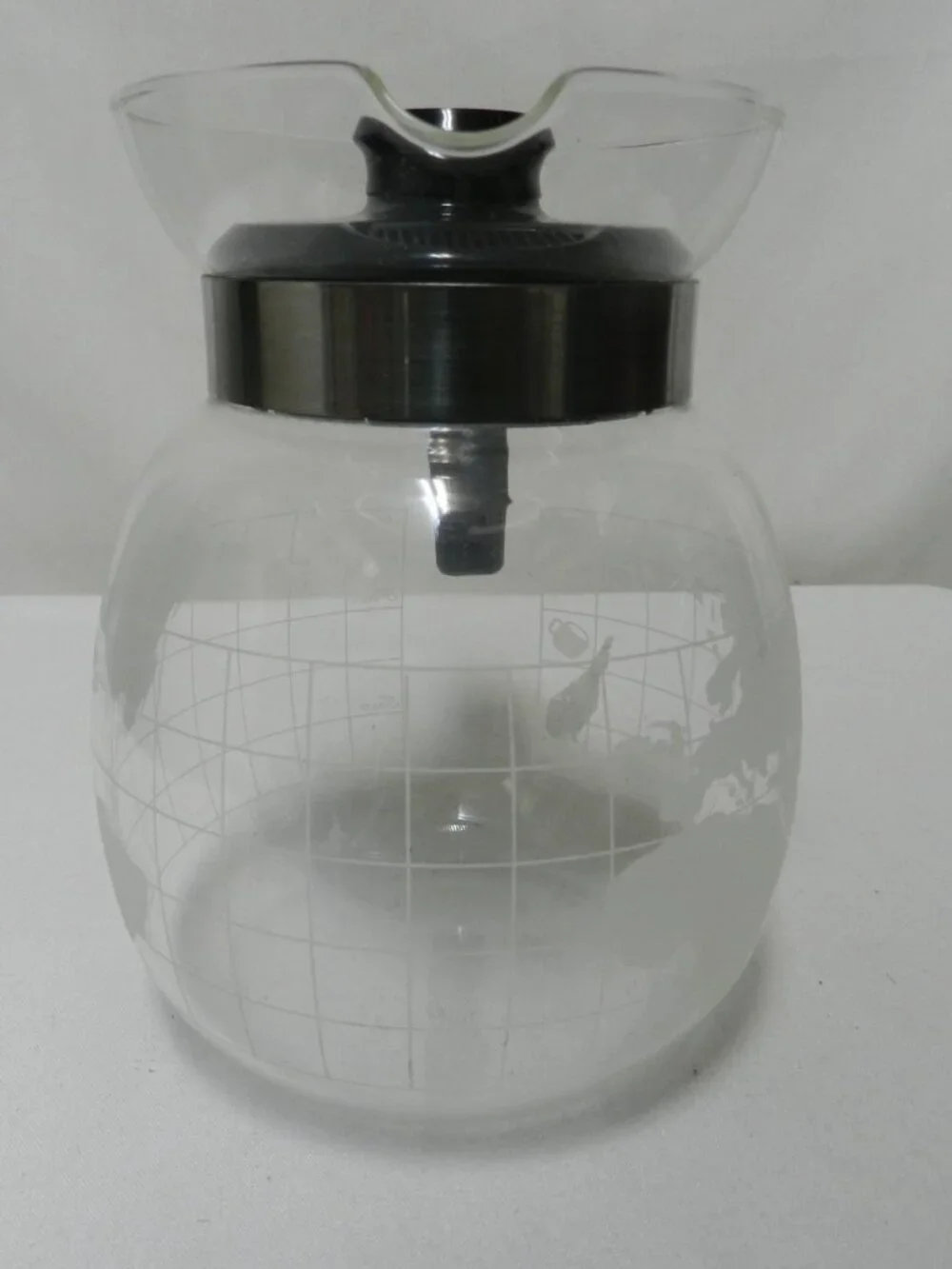 NESCAFE Vintage Frosted Etched Glass World Globe Coffee Pot Black Plastic w/Lid